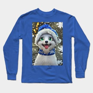 Cute blue eyed anime Christmas dog Long Sleeve T-Shirt